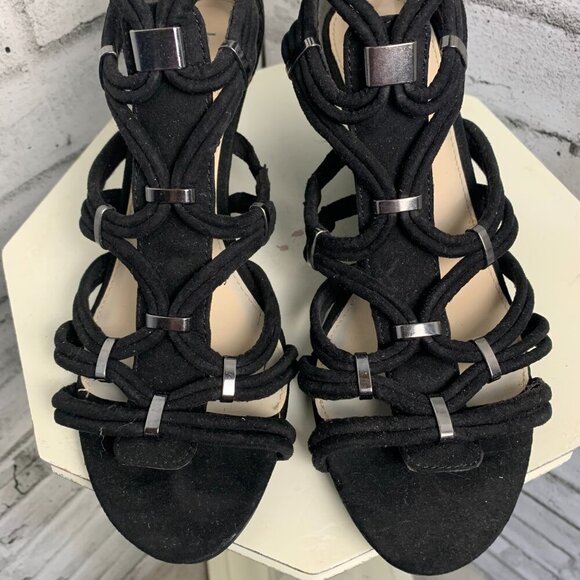 BAR III Black Strappy Faux Suede Open Toe Wedge Sandals Kalyn Heels - Picture 4 of 9